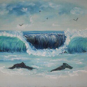 Vintage Ocean Seascape 11"x14"x1" oil painting.  Hand painted on stretch canvas